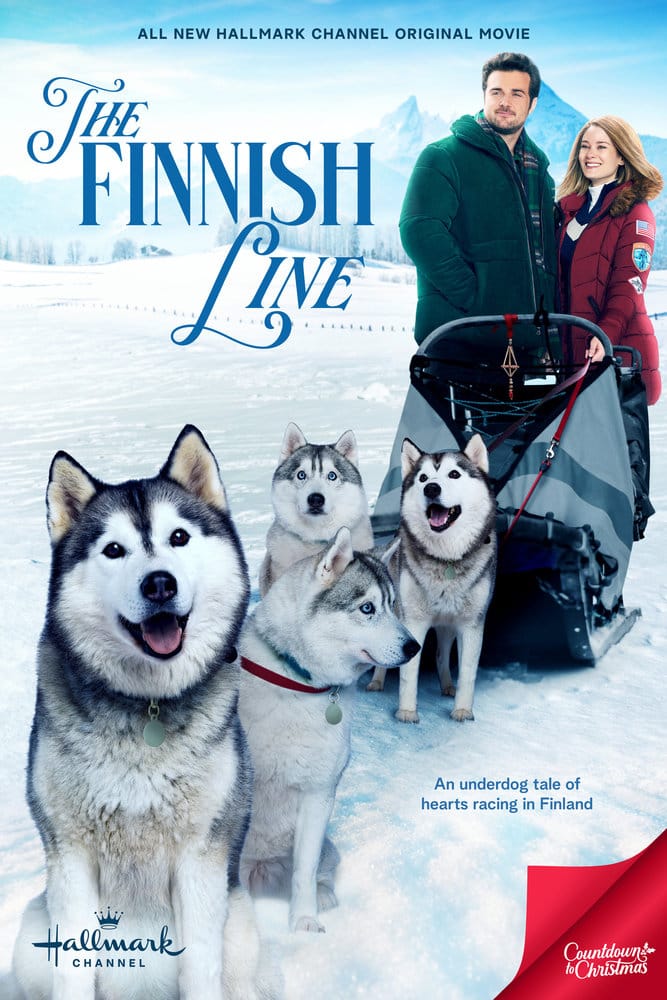 The Finnish Line movie poster | Hallmark Countdown to Christmas 2024 | Starring Kim Matula and Beau Mirchoff, dog racing Hallmark movie.