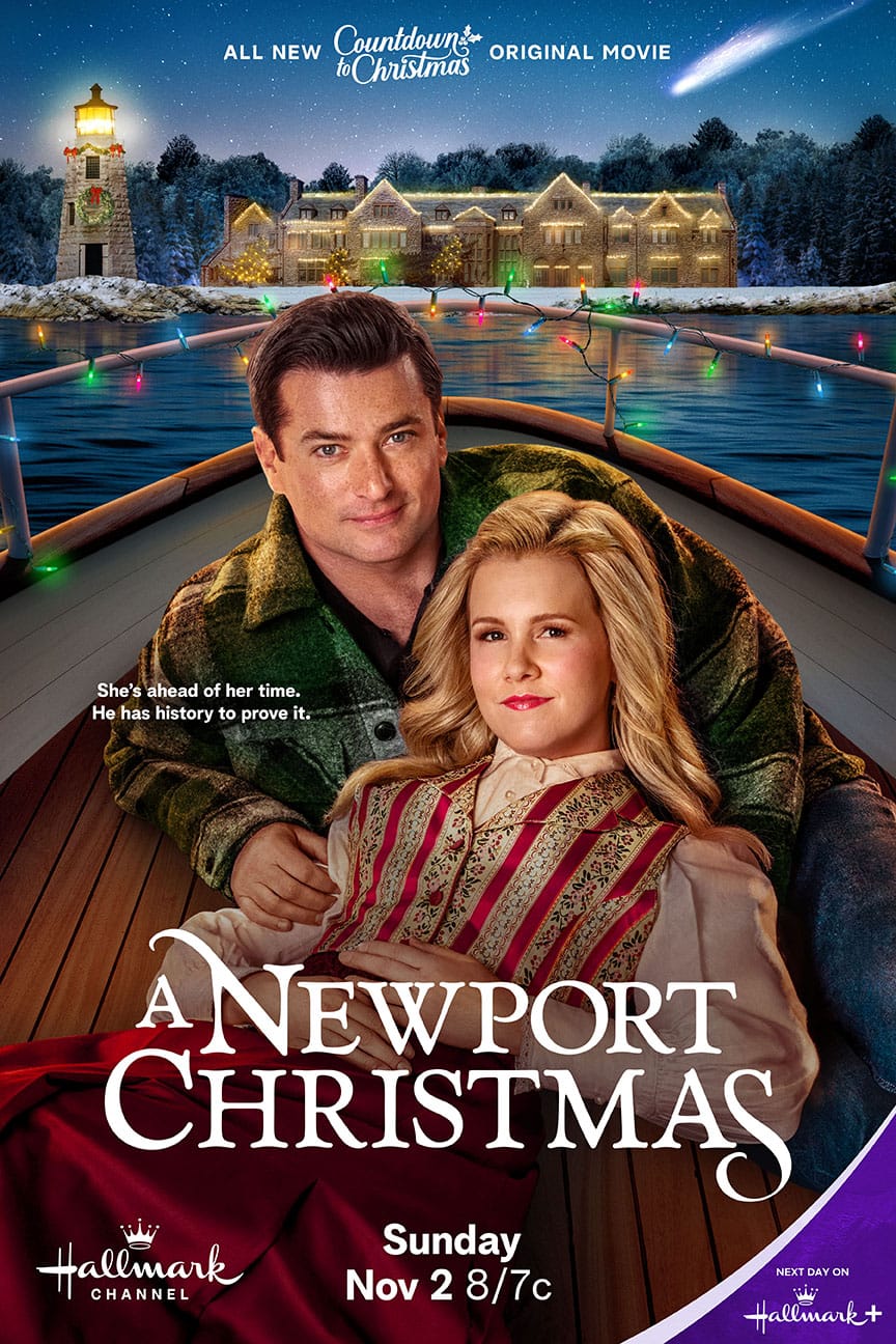 A Newport Christmas (Hallmark Channel, 2025) movie poster | Wes Brown and Ginna Claire Mason star in A Newport Christmas, a time-travel romance set in charming coastal Rhode Island. Part of the 2025 Countdown to Christmas line up.