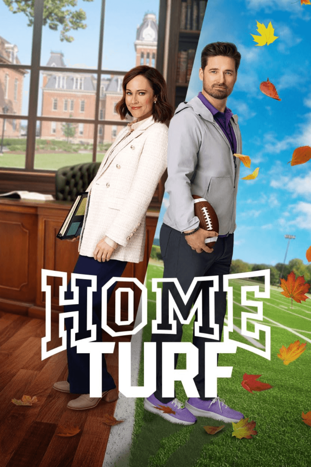 Home Turf Hallmark movie poster | Nikki DeLoach and Warren Christie reunite in Hallmark’s Home Turf. Get our full review and fun football-themed breakdown on Girls Gone Hallmark!
