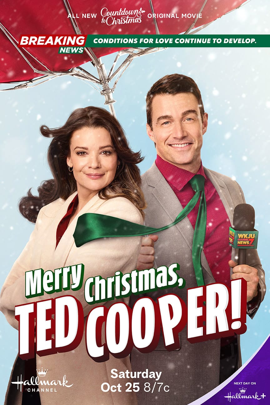 Merry Christmas Ted Cooper movie poster | Robert Buckley and Kimberley Sustad star in Merry Christmas, Ted Cooper! - a festive Hallmark comedy about a weatherman determined to turn his holiday luck around when a trip home leads to chaos, romance, and Christmas magic.