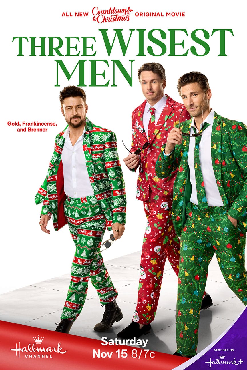 Three Wisest Men movie poster (Hallmark Channel 2025) starring Tyler Hynes, Andrew Walker, and Paul Campbell. | The Brenner brothers return in Three Wisest Men as Luke, Taylor, and Stephan face family chaos, new challenges, and the most festive Christmas yet.