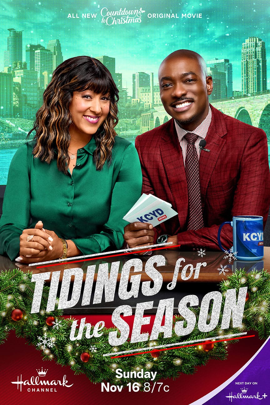 Tidings for the Season movie poster (Hallmark Channel - 2025) | Discover Tidings for the Season, a heartwarming Hallmark story about a serious newscaster, a young superfan, and the single mom who changes everything. Stars B.J. Britt and Tamera Mowry-Housley.