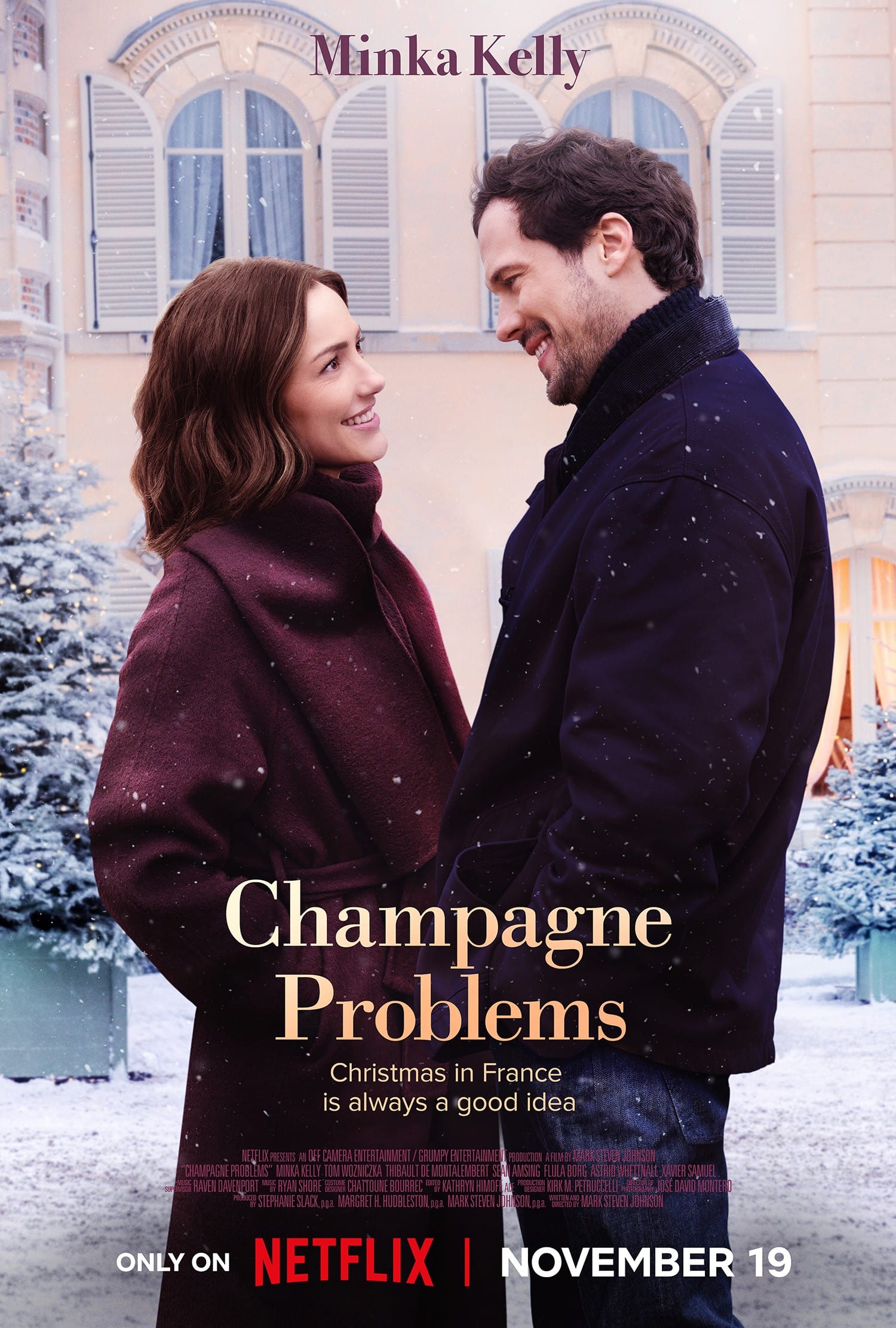 Champagne Problems movie poster (Netflix - 2025) | Girls Gone Hallmark reviews Netflix’s Champagne Problems, a charming Parisian holiday romance filled with sparks, strategy, and champagne.