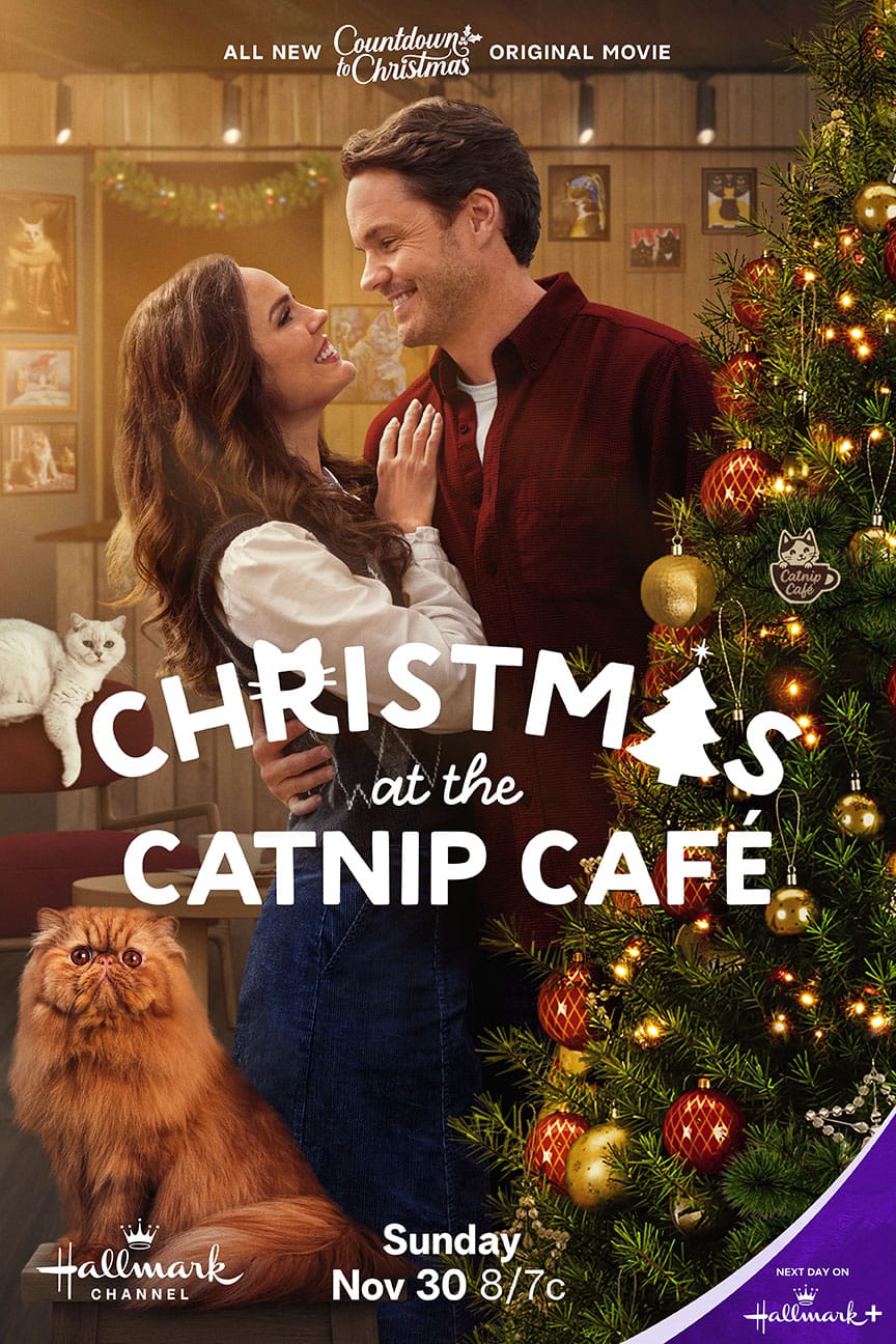 Christmas at the Catnip Café movie poster (Hallmark Channel - 2025) | Girls Gone Hallmark reviews Christmas at the Catnip Café, a festive tale of love, community, and cats starring Erin Cahill and Paul Campbell. #CountdownToChristmas #MerryThanksgivingWeekend